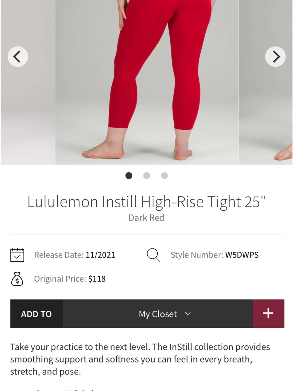 lululemon Instill High-Rise Tights 25” Size 14 in Dark Red